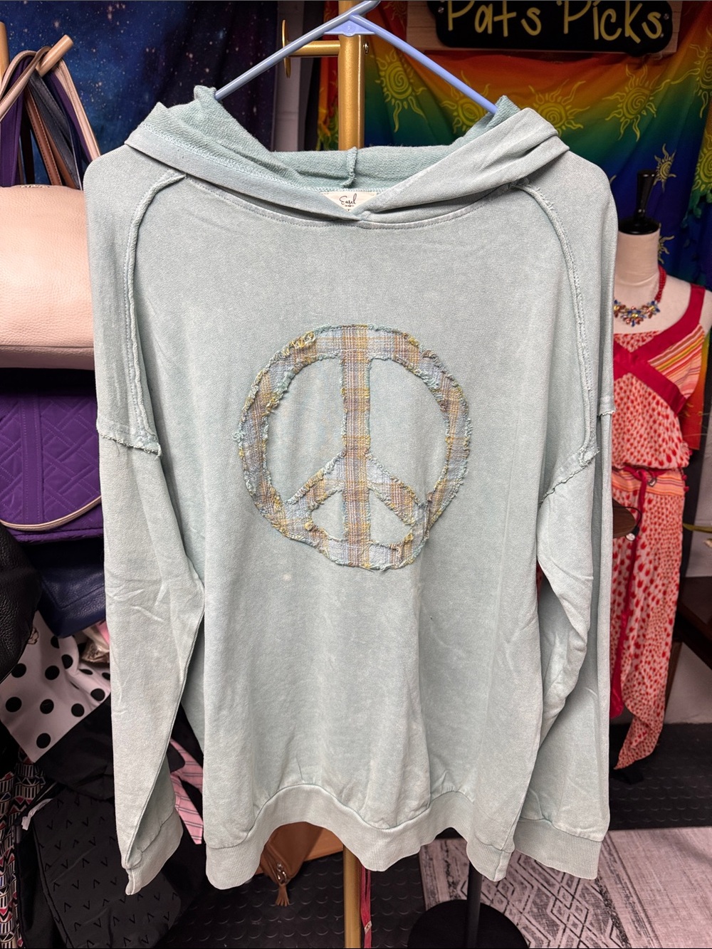 Easel NWT Sage Green Hoodie with Plaid Peace Patch